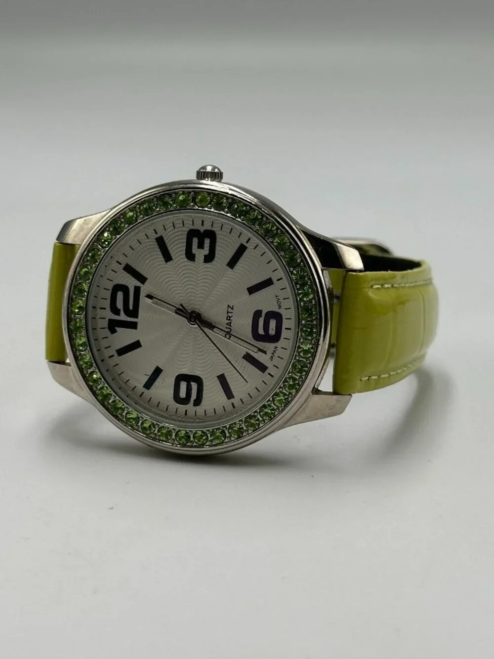 3/$30 Avon Watch Women Silver Tone Green Patent Faux Leather Band New Battery